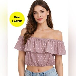 3/for $15 🍒 IRIS Mauve Polka Dot Off-Shoulder Crop Top (Women’s Large)